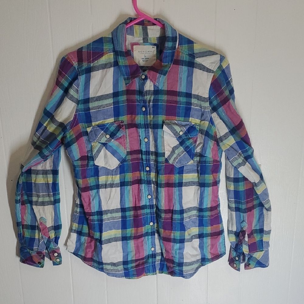 Sonoma Womens Colorful Plaid Cotton Button Up Shirt Size Large
